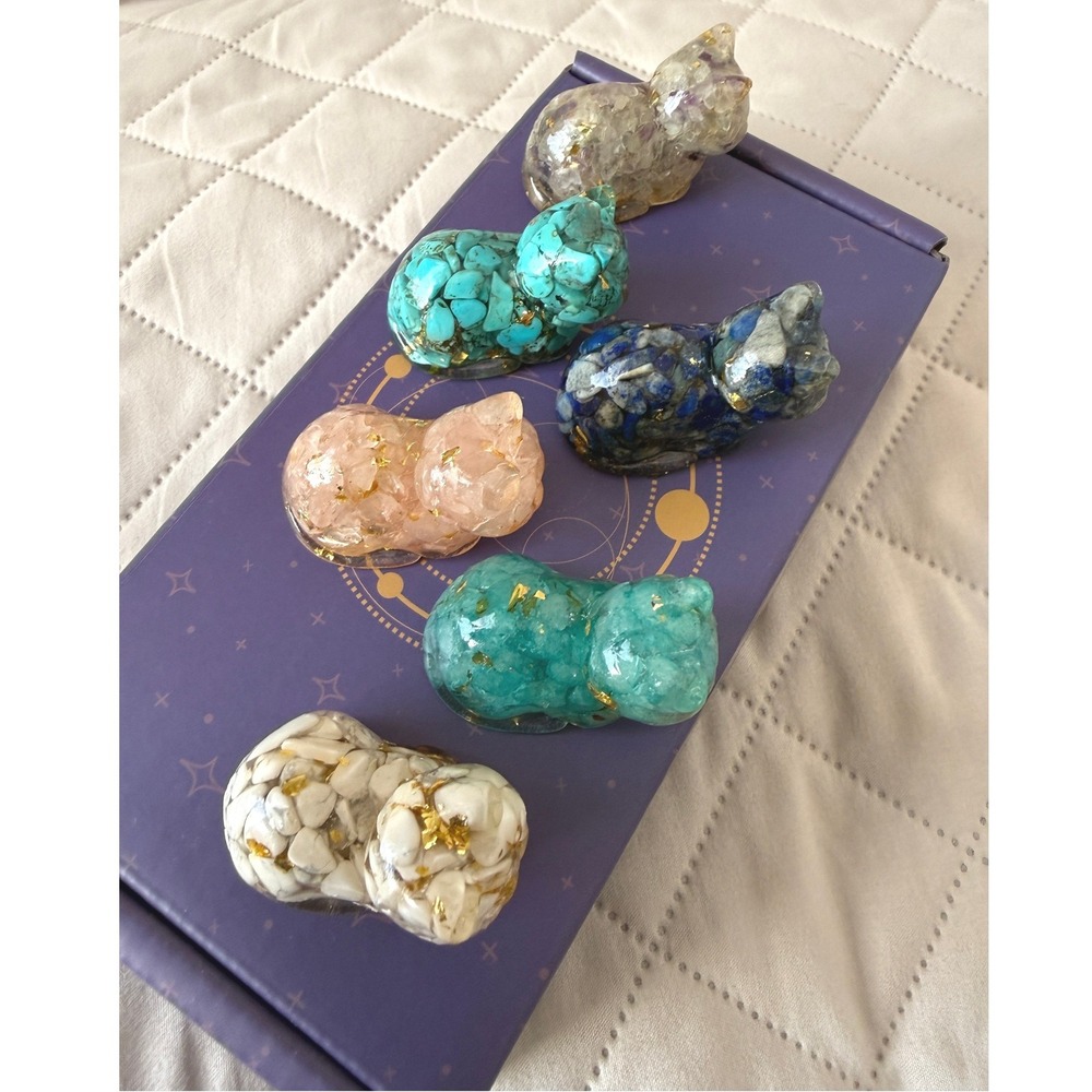 6pc Natural Stone Crystal Chip Epoxy Resin Kitten Figurine Set Cat Decor